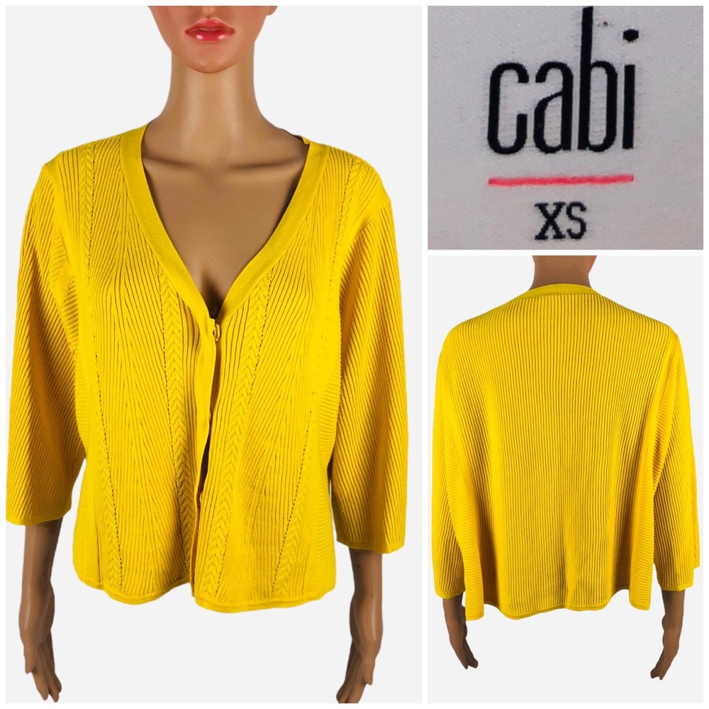 CAbi Womens XS Yellow Ribbed Sunny Cardigan Sweater #5637 Ribbed Knit Snaps EUC